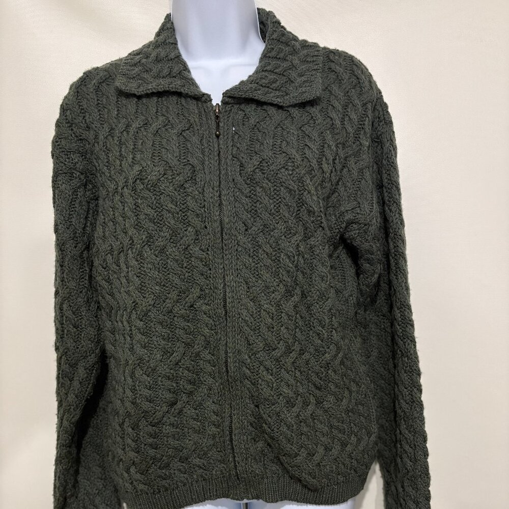Inis Crafts S Green Irish Fisherman Merino Wool Full Zip Cardigan Sweater